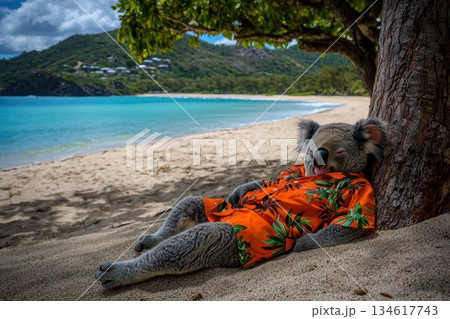 Relaxed Koala in Hawaiian Shirt Enjoying Day at the Beach Under Bright Sunlight Relaxed Koala in Hawaiian Shirt Enjoying Day at the Beach Under Bright Sunlight 134617743