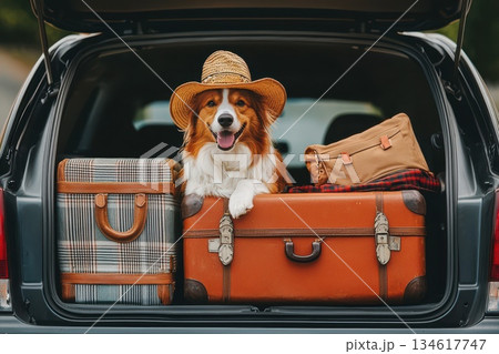 Family Road Trip with Dog and Vintage Luggage in Car Trunk Ready for Adventure 134617747