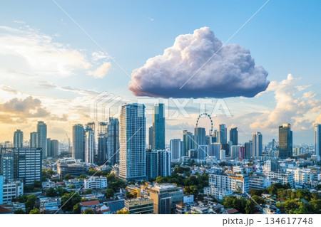 Futuristic City Skyline with Hovering Cloud Over Modern Architecture and Urban Life 134617748