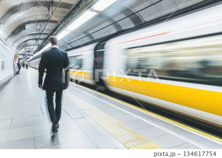 Commuter Walking Alongside Train Platform in Modern Urban Transit Station Commuter Walking Alongside Train Platform in Modern Urban Transit Station 134617754