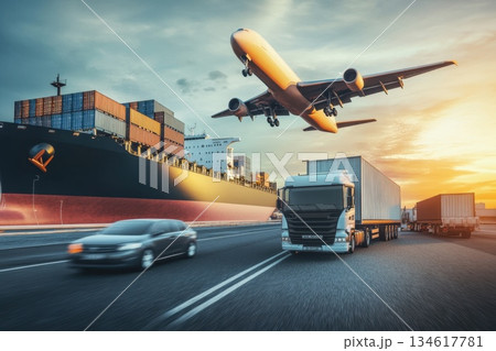 Airplane in Flight Above Cargo Ship and Trucks on Busy Highway at Sunset Airplane in Flight Above Cargo Ship and Trucks on Busy Highway at Sunset 134617781