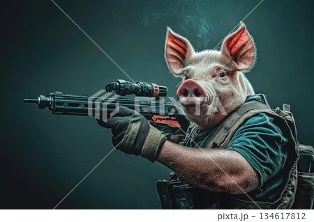 Armed Pig Character in Tactical Gear with Assault Rifle Threatening Stance 134617812