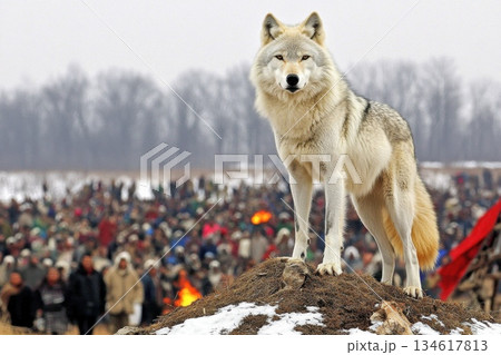 Majestic Wolf Standing on Mound Overlooking Crowd in Frosty Wilderness Scene 134617813