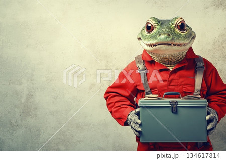 Humanoid Frog in Red Jumpsuit Holding Toolbox Against Textured Background 134617814