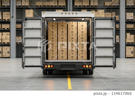 Large White Delivery Truck Parked at Warehouse with Open Back and Stacked Boxes Large White Delivery Truck Parked at Warehouse with Open Back and Stacked Boxes 134617868