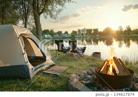 Peaceful Lakeside Camping Scene with Tent and Campfire at Sunset by the Water Peaceful Lakeside Camping Scene with Tent and Campfire at Sunset by the Water 134617874