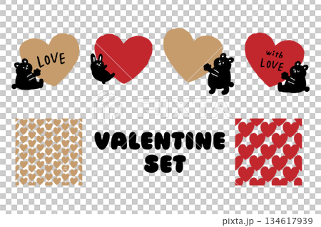 Red and gold Valentine's Day cute bear and heart illustration set | Hand-drawn characters and pattern material 134617939