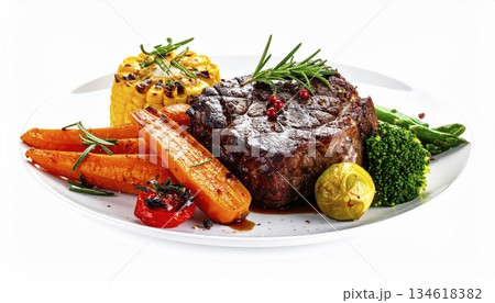 Grilled beef steak served with roasted carrots, potatoes, broccoli and herbs on white plate, restaurant dinner, gourmet meat dish and festive holiday meal. 134618382