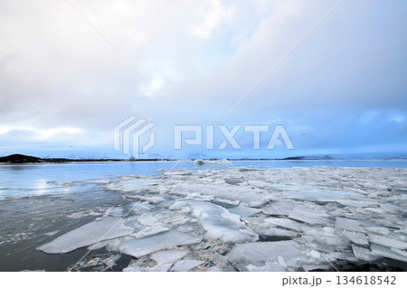 アイスランドの海に浮かぶ氷河と流氷・神秘的で壮大な冬の極寒の絶景風景 134618542