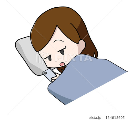 寝ながらスマートフォンを操作する暗い表情の女性のイラスト 寝ながらスマートフォンを操作する暗い表情の女性のイラスト 134618605