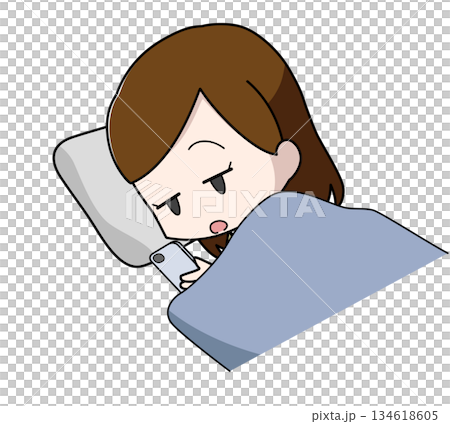 寝ながらスマートフォンを操作する暗い表情の女性のイラスト 寝ながらスマートフォンを操作する暗い表情の女性のイラスト 134618605