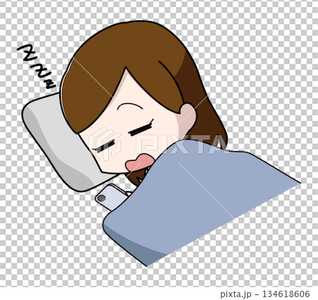 寝ながらスマートフォンを操作し寝落ちした女性のイラスト 134618606