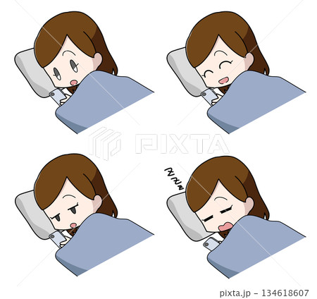 寝ながらスマートフォンを操作する女性のイラスト4種類セット 134618607