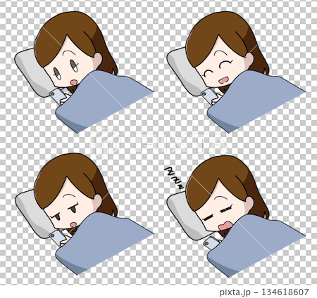 Set of four illustrations of a woman operating a smartphone while lying down 134618607