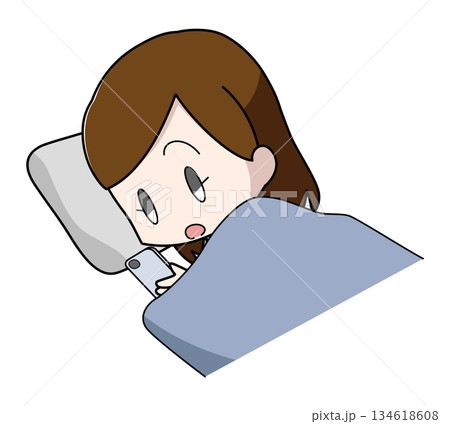 寝ながらスマートフォンを操作する女性のイラスト 134618608