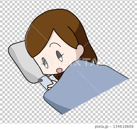 Illustration of a woman operating a smartphone while sleeping Illustration of a woman operating a smartphone while sleeping 134618608