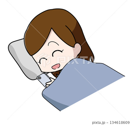 寝ながらスマートフォンを操作する笑顔の女性のイラスト 寝ながらスマートフォンを操作する笑顔の女性のイラスト 134618609