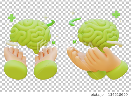 3D Claymorphism Hand Holding Floating Green Brain with Medical Plus Icons and Sparkles 3D Claymorphism Hand Holding Floating Green Brain with Medical Plus Icons and Sparkles 134618699