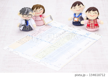 医師、看護師、OL、主婦の人形と健康診断の結果の用紙 134618712