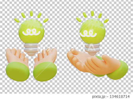 3D Claymorphism Hand Holding Glowing Green Light Bulb 134618714