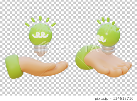 3D Claymorphism Hand Holding Glowing Green Light Bulb 134618716