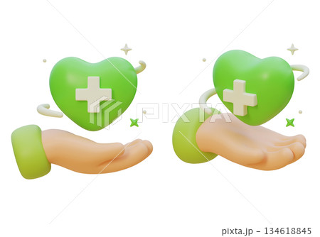 3D Claymorphism Hand Holding Green Heart with Medical Cross 134618845