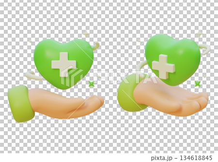 3D Claymorphism Hand Holding Green Heart with Medical Cross 134618845