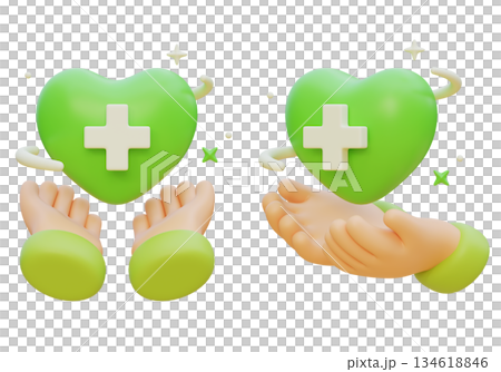 3D Claymorphism Hand Holding Green Heart with Medical Cross 134618846