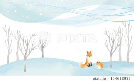 水彩風 冬景色とキタキツネフレーム(16:9) 134618955
