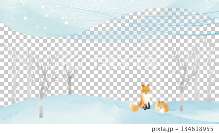 水彩風 冬景色とキタキツネフレーム(16:9) 134618955