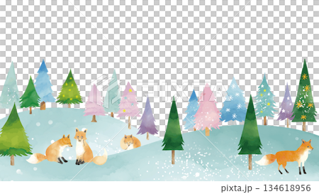 水彩風格可愛冬日風景和紅狐狸邊框（16:9） 134618956