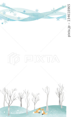水彩風 冬景色とキタキツネフレーム(16:9)縦 134618965