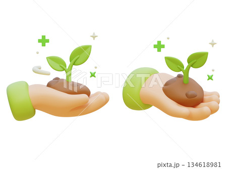 3D Claymorphism Hand Holding Soil with Growing Green Sprout 3D Claymorphism Hand Holding Soil with Growing Green Sprout 134618981