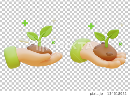 3D Claymorphism Hand Holding Soil with Growing Green Sprout 134618981