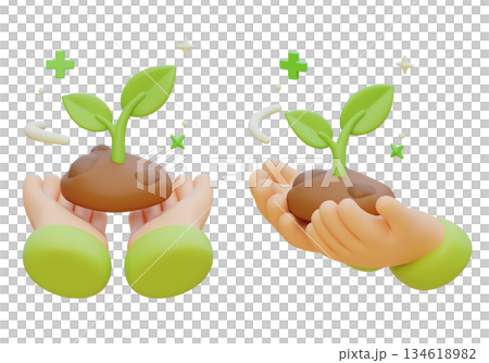 3D Claymorphism Hand Holding Soil with Growing Green Sprout 134618982