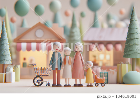 車椅子と家族が買い物を楽しむ街の暮らし ペーパークラフト/まみおデザイン暮らしのシリーズ 134619003