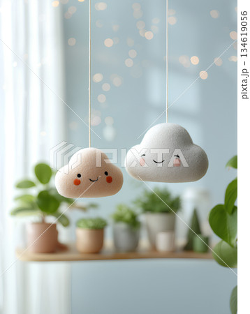 部屋の中でくつろぐかわいいふわふわ雲さん（3D）縦/まみおデザイン癒しシリーズ 134619056