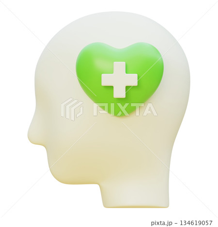 3D Claymorphism Human Profile with Green Heart and Medical Cross inside Head 134619057