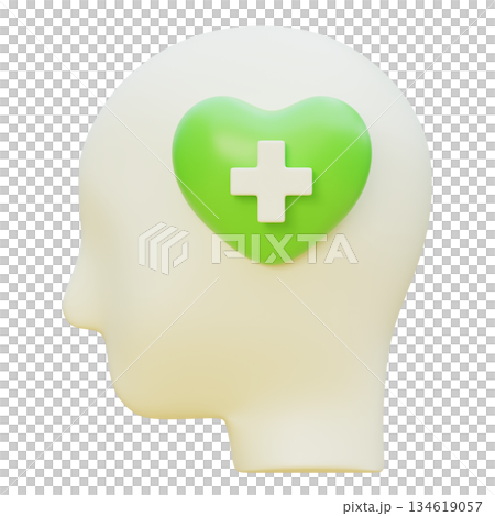 3D Claymorphism Human Profile with Green Heart and Medical Cross inside Head 134619057