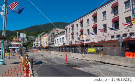 Ketchikan, Alaska, USA - July 26, 2019: Street road repair in border town of Alaska. Way to Ketchikan, Alaska border town. Road repair in small town. Empty road under repair. Street of town 134619236