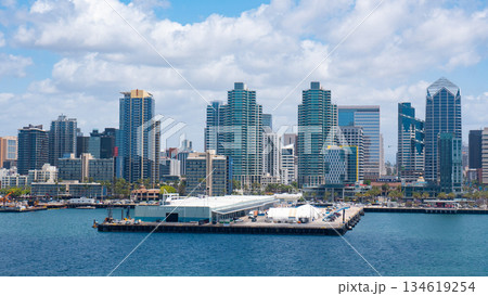 San Diego, California, USA - May 17, 2019: Aerial cityscape of bay with building and ocean. Skyline and cityscape. San Diego skyline Bay. Harbor At California In San Diego United States. Coast city San Diego, California, USA - May 17, 2019: Aerial cityscape of bay with building and ocean. Skyline and cityscape. San Diego skyline Bay. Harbor At California In San Diego United States. Coast city 134619254
