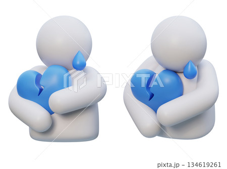 3D Claymorphism Sad White Stickman Crying and Hugging Broken Blue Heart 134619261