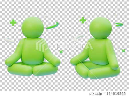 3D Claymorphism Green Stickman Meditating in Lotus Position with Healing Icon 134619263
