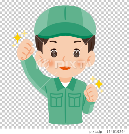 A motivated man wearing work clothes and a hat, upper body illustration A motivated man wearing work clothes and a hat, upper body illustration 134619264