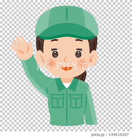 Woman wearing work clothes and a hat with one hand raised high, upper body illustration 134619267