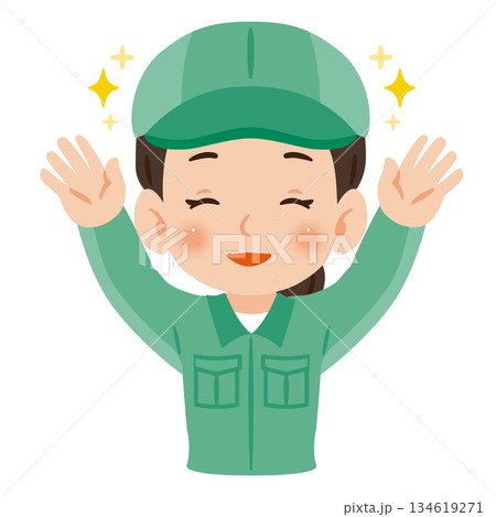 両手を上げて万歳する笑顔の作業服を着て帽子を被った女性　上半身イラスト 134619271