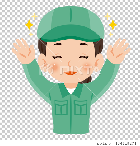 一位微笑、穿著工作服、頭戴帽子的女士舉起雙手歡呼，上半身插圖 134619271
