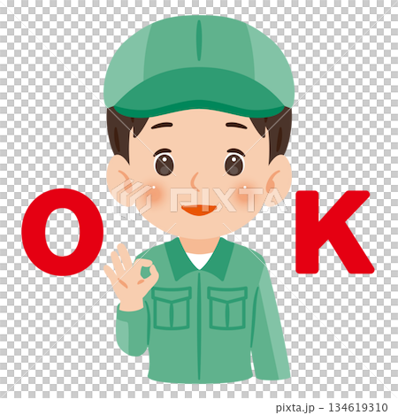 一名身穿工作服、頭戴帽子的男子,單手比出「OK」手勢——上半身插圖 一名身穿工作服、頭戴帽子的男子,單手比出「OK」手勢——上半身插圖 134619310