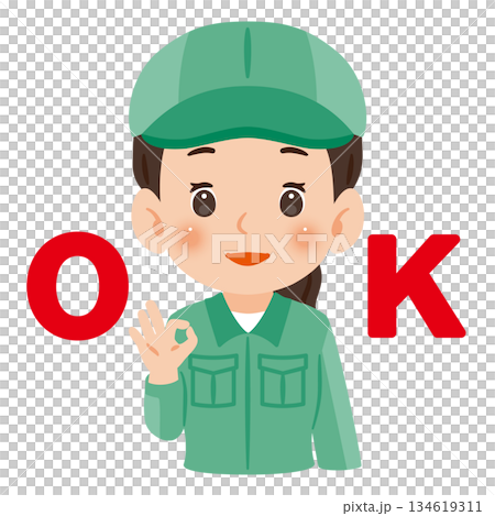 A woman wearing work clothes and a hat making an OK sign with one hand. Upper body illustration A woman wearing work clothes and a hat making an OK sign with one hand. Upper body illustration 134619311