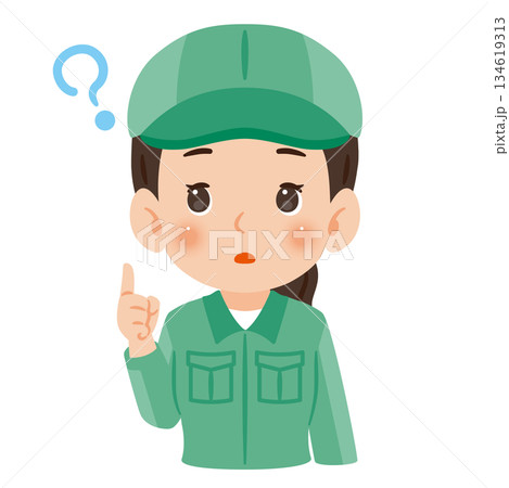 疑問を持つ作業服を着て帽子を被った女性　上半身イラスト 134619313